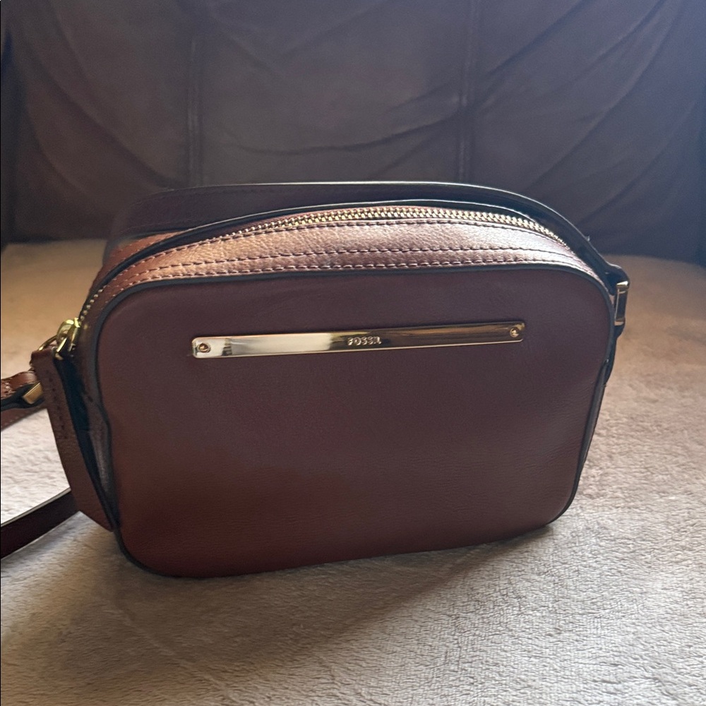 Fossil Dark Brown Leather Crossbody with Gold Details